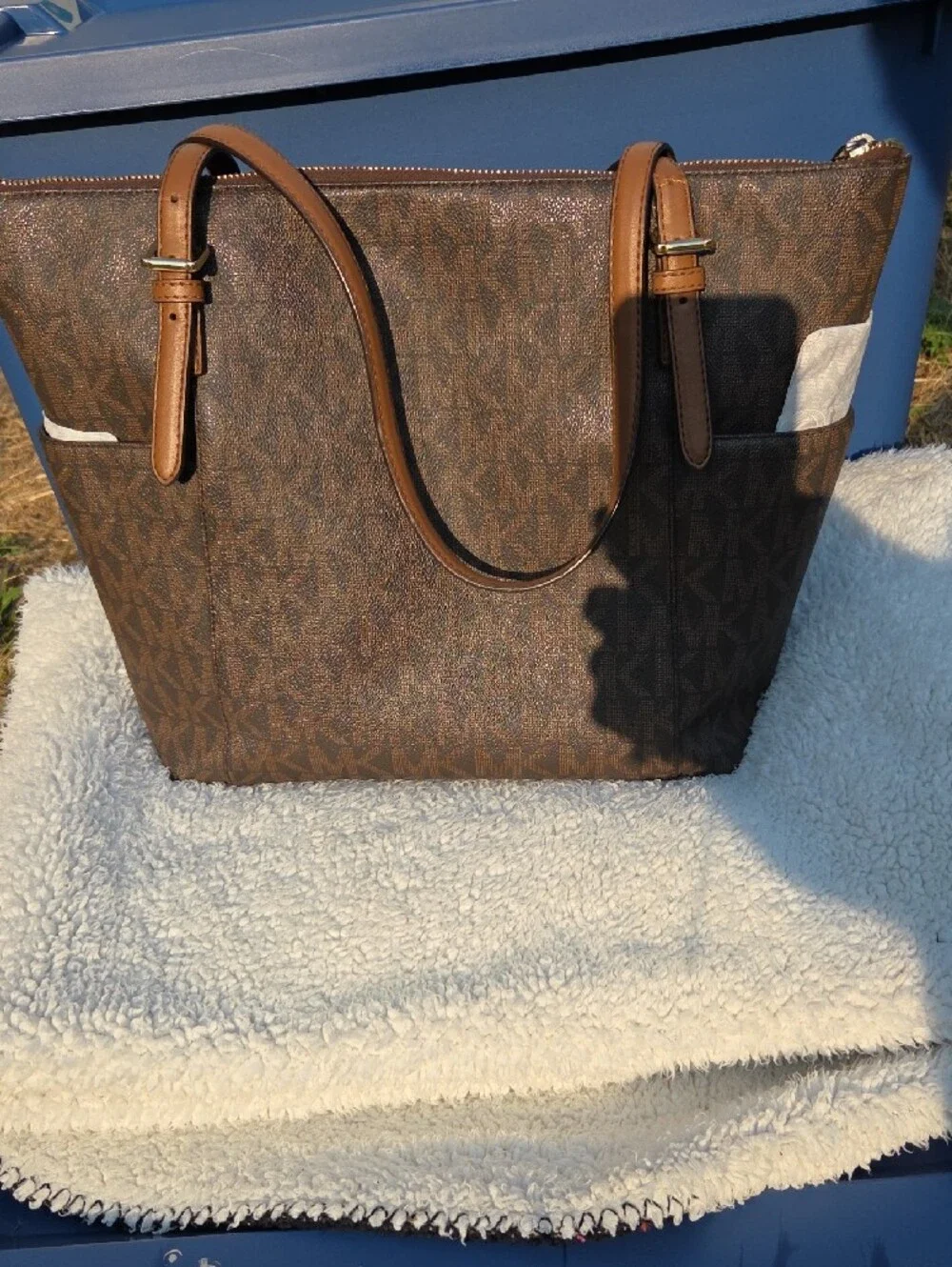 Michael Kors Brown MK Signature Tote with Gold Logo Charm